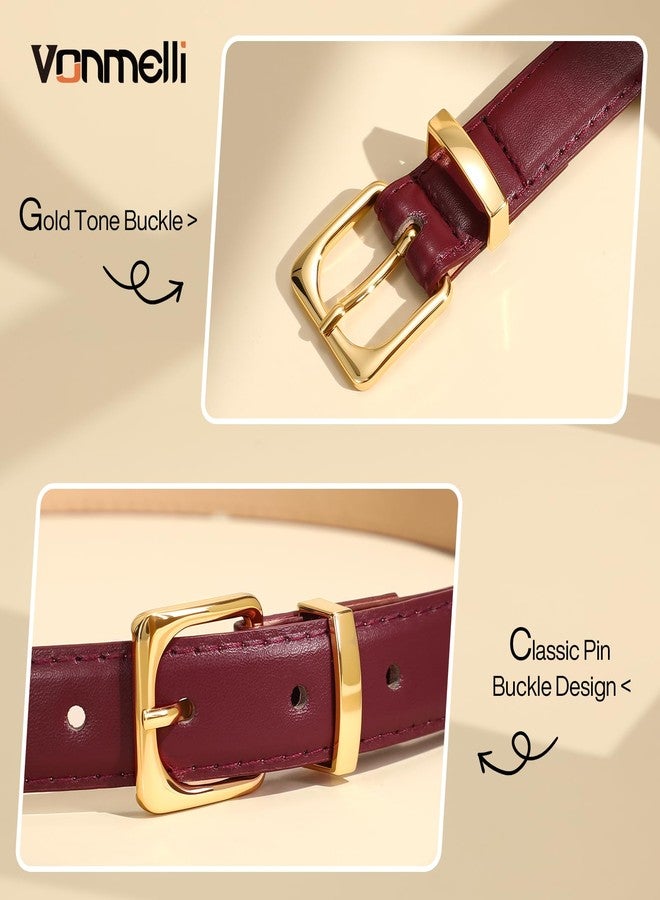 VONMELLI Womens Leather Belt for Jeans Pants Dress Fashion Ladies Thin Skinny Belt with Gold Buckle for Women Burgundy S - Image 3